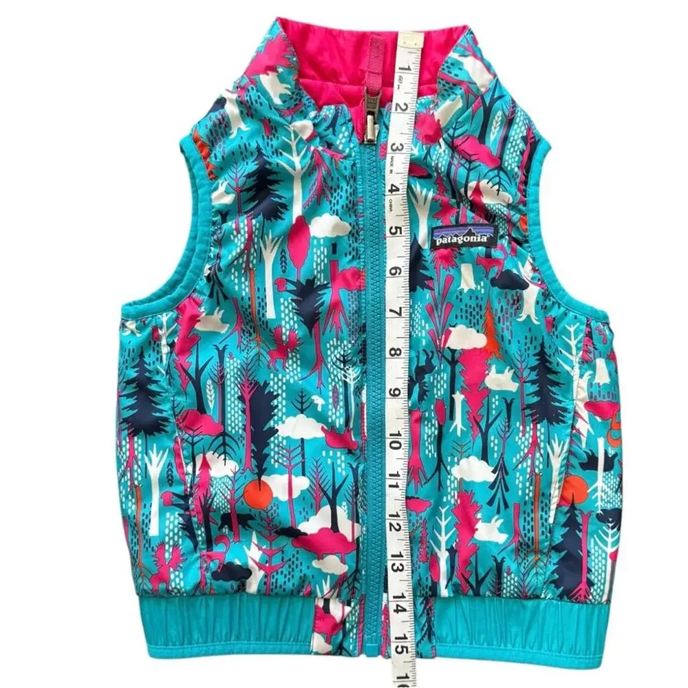 Patagonia Baby Reversible Puff-Ball Vest Teal Pink Forest Print Epic Blue Size 2